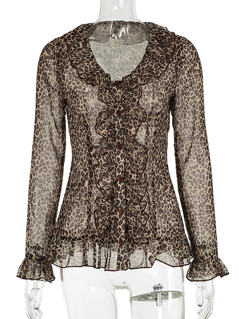 V-Neck Ruffled-Trim Leopard Print Slim-Fit Cardigan