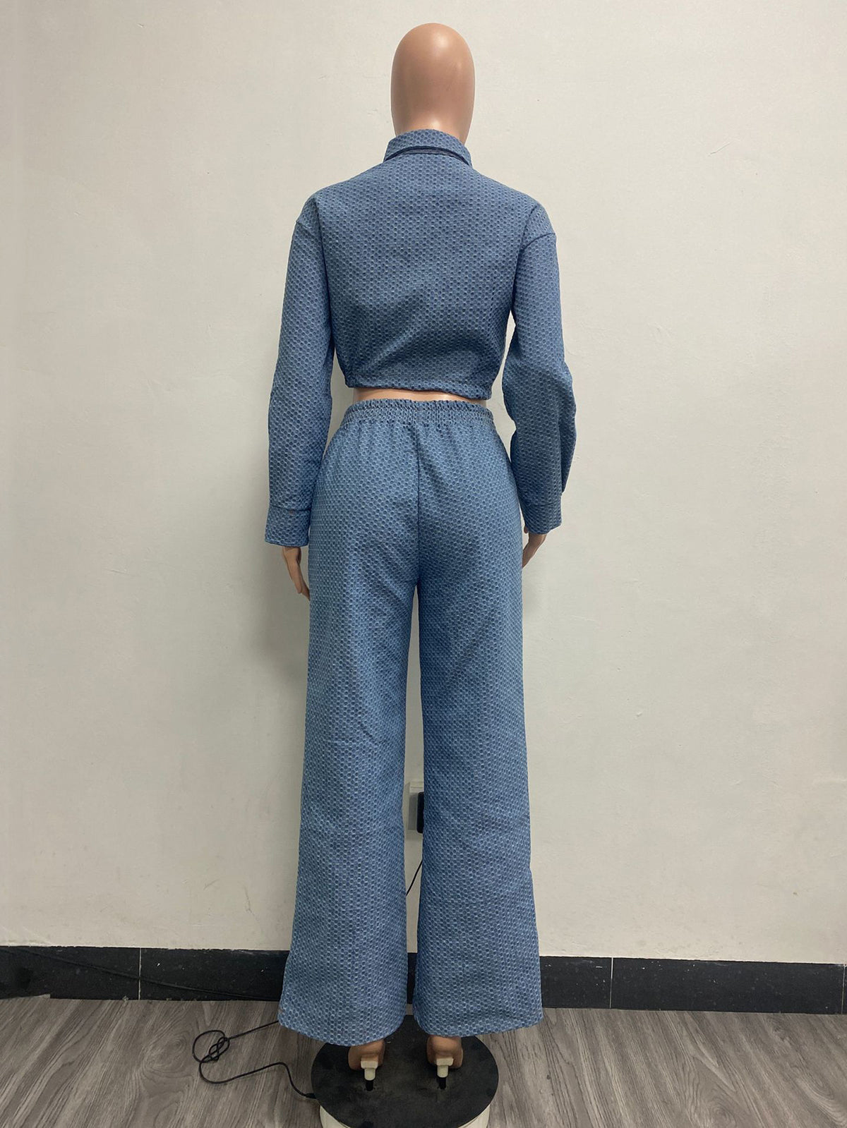 Casual Denim Drawstring Top and Pants 2 Piece Set