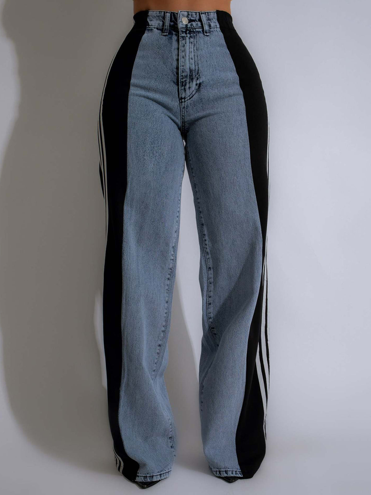 Fashion Patchwork Stripe Elastic High Waist Jeans