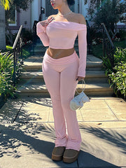 Off Shoulder Crop Top Flare Pants Matching Sets