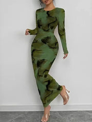 Women's Green Printed Stretch Midi Dress