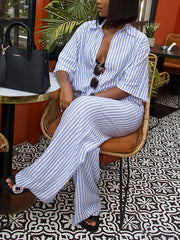 Casual Stripe Shirt High Waist Trousers Two Piece Set