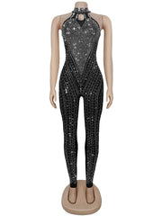 Sexy Mesh Rhinestone Embellished Sleeveless Jumpsuit