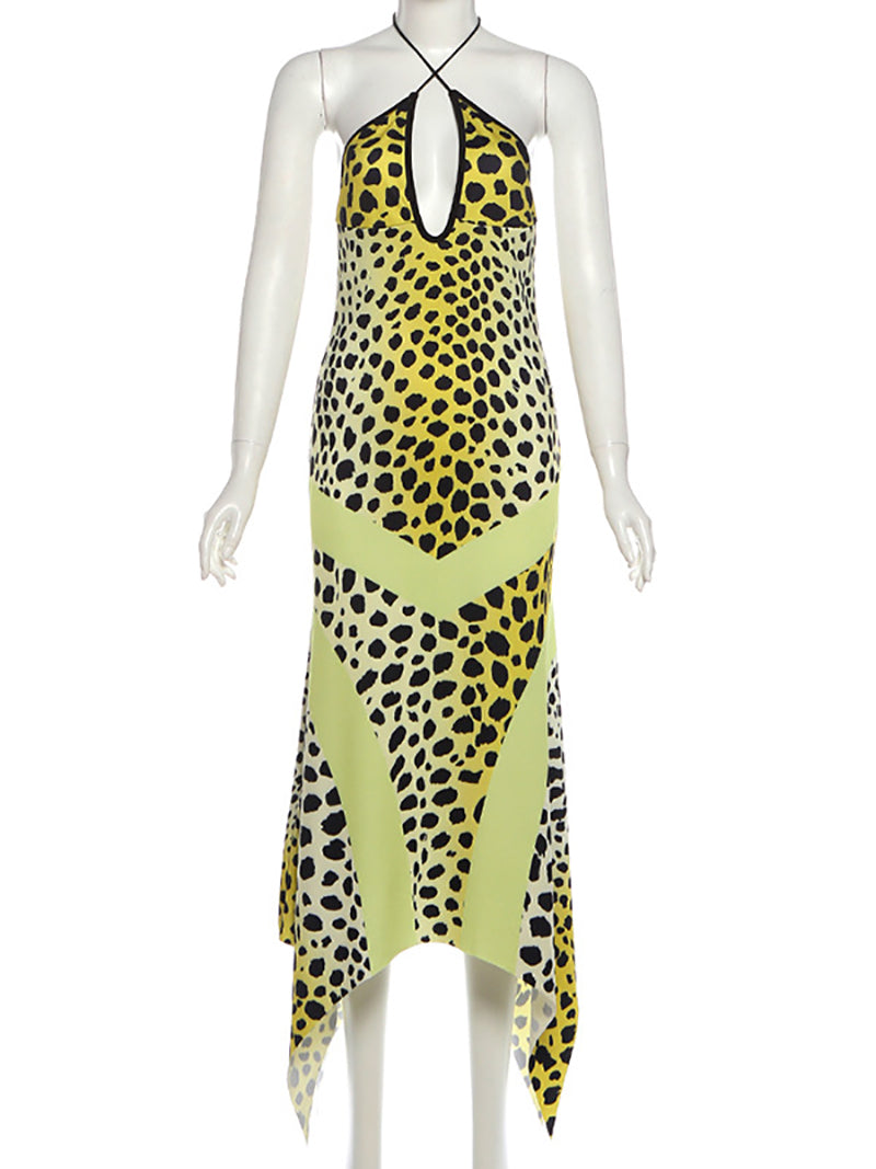 Sexy Leopard Print Halter Backless Maxi Dress