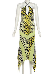 Sexy Leopard Print Halter Backless Maxi Dress