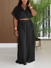 Casual V Neck Crop Top And Wide Leg Pants Set