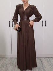 Elegant V Neck Cinched Waist Slim Maxi Dress