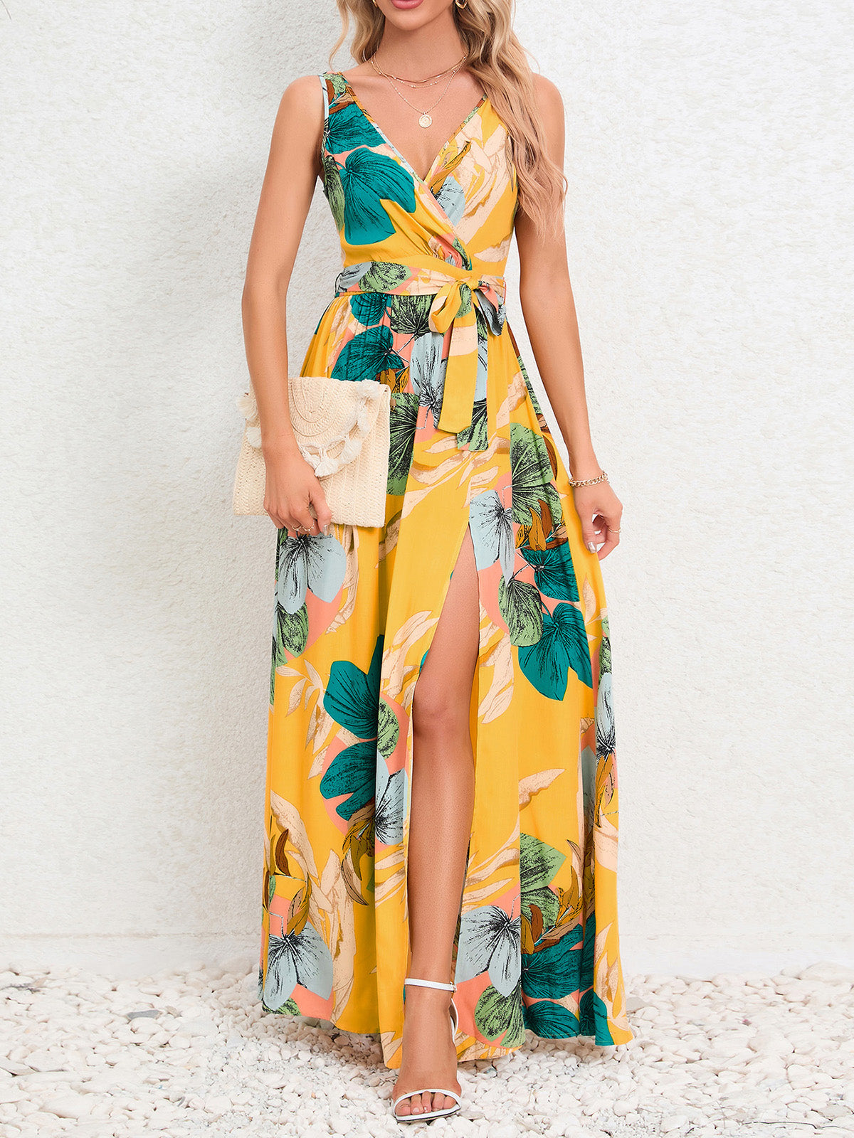 Sexy V Neck Print Sleeveless High Slit Dress