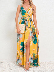 Sexy V Neck Print Sleeveless High Slit Dress
