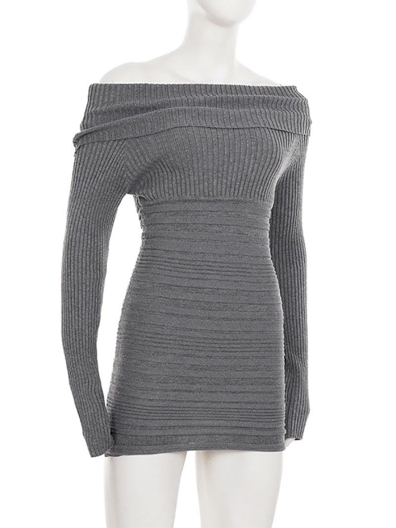 Fashion Off Shoulder Ribbed Knit Slim Mini Dress