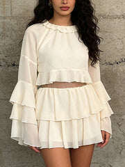 Fashion Ruffle Turtleneck Crop Top And Mini Skirt Set