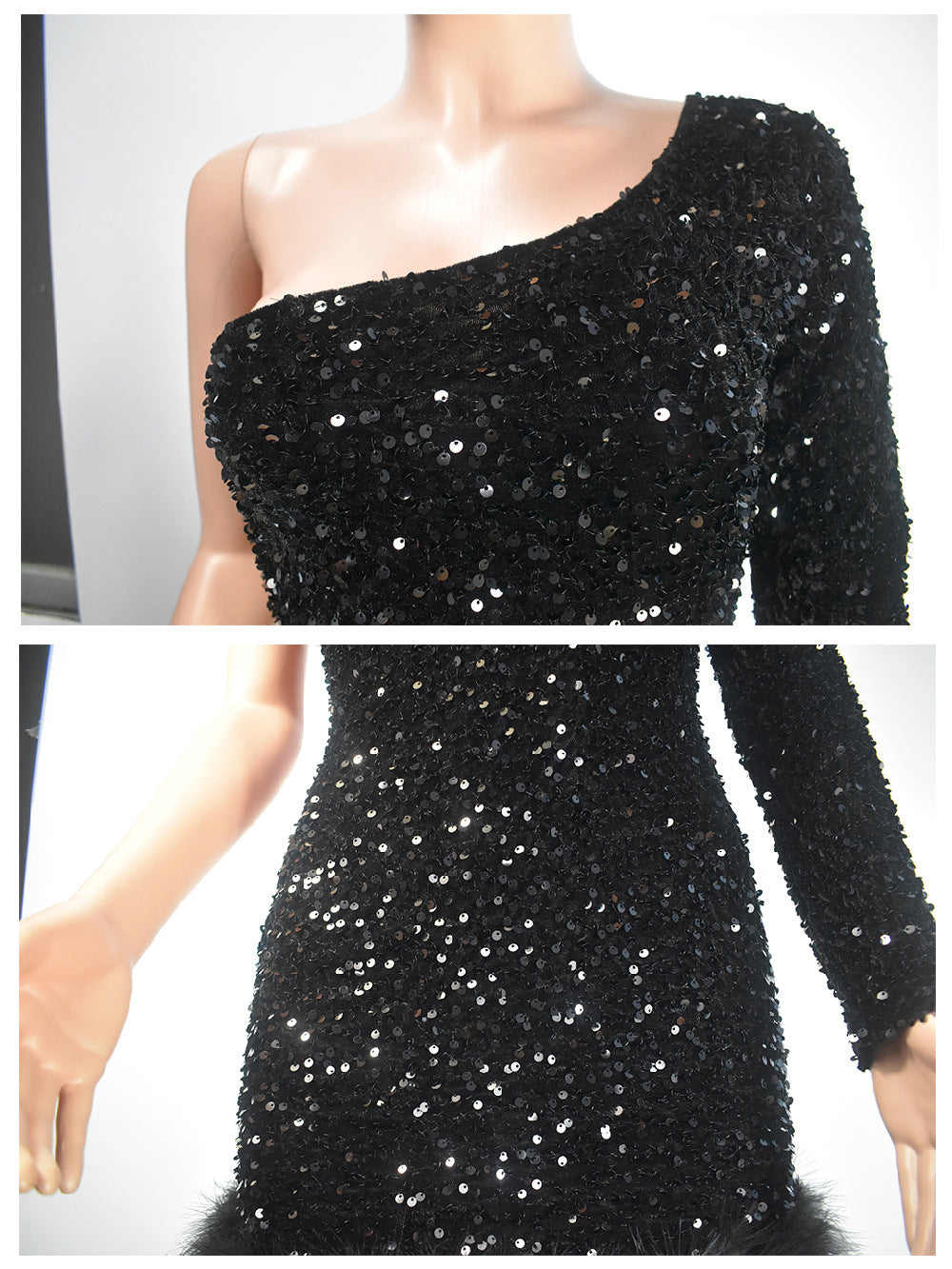 Sexy Sequin One Shoulder Feather Mini Dress