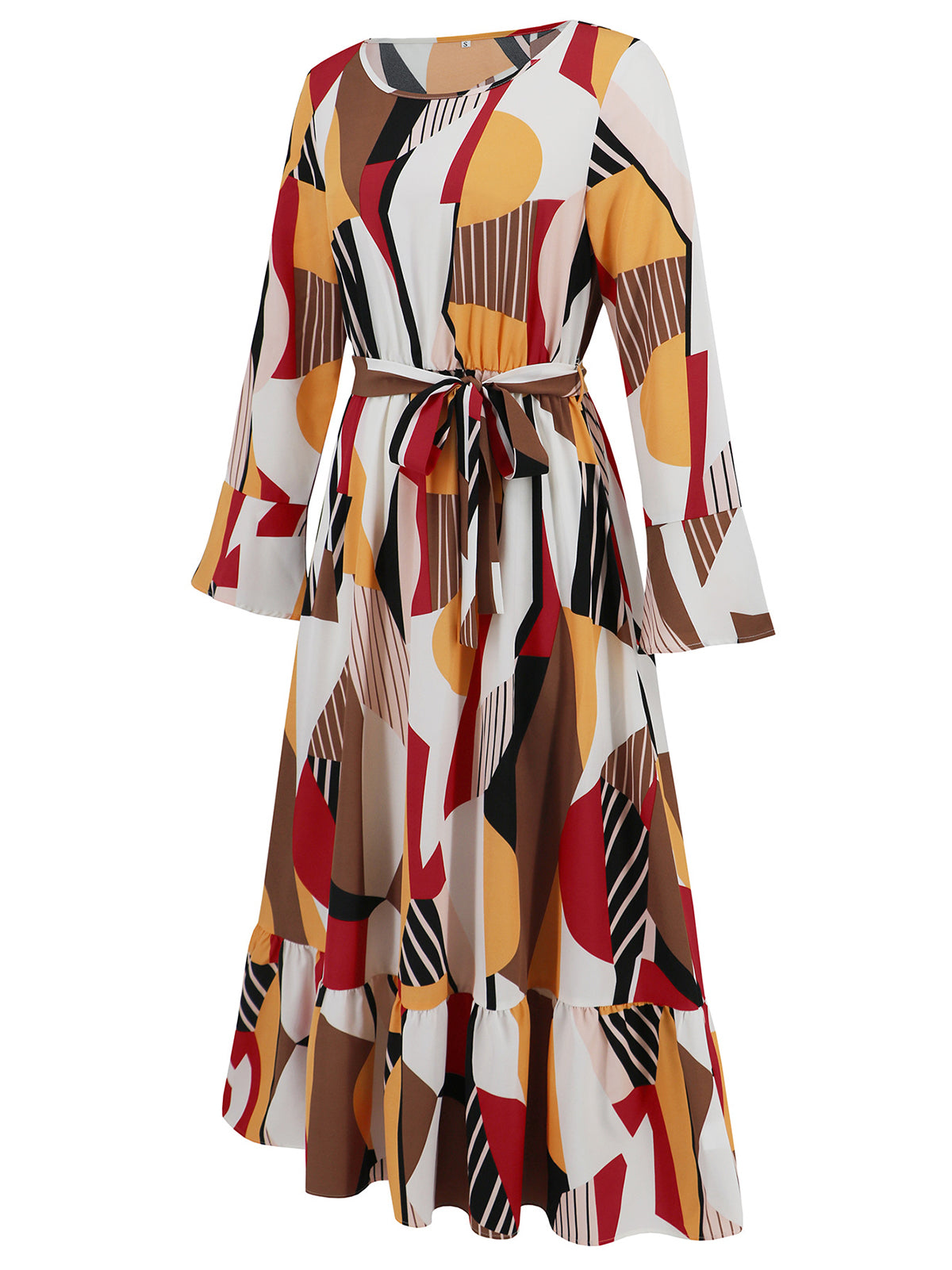 Casual Print Long Sleeve Bandage Midi Dress