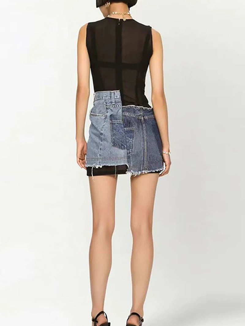 Fashion Denim Patchwork Mesh Package hip Dress