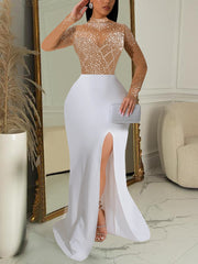 Sexy High Neck Slit Rhinestone Dress