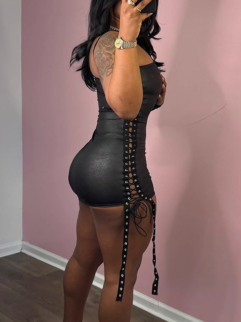 Sexy Faux Leather One Sleeve Micro Mini Dress