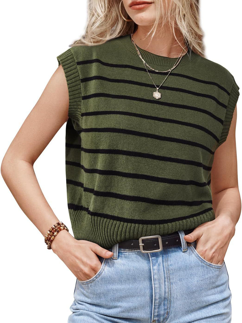 Fashion Sleeveless Stripe Knit Pullover