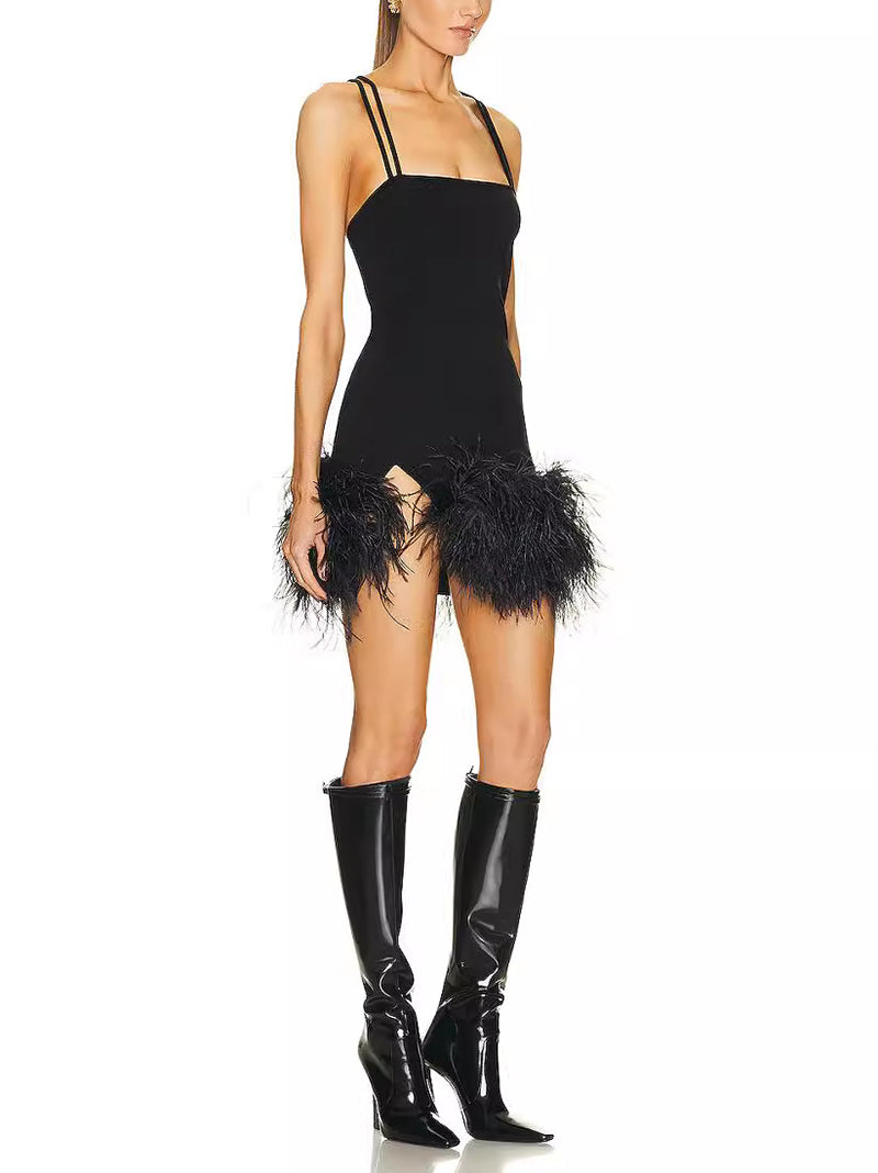 Sexy Spaghetti Strap Hollow Out Feather Mini Dress