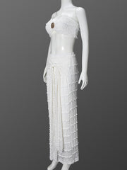 Metal Decor Strapless Crop Top Stripe Long Skirt Sets