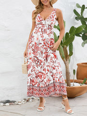 Retro V Neck Flower Print Dress