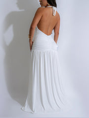 Sexy Deep V Neck Backless Ruched High Split Maxi Dress