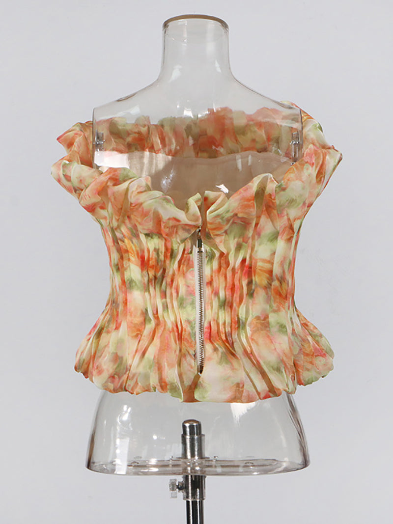 Fashion Print Strapless Pleated Vest