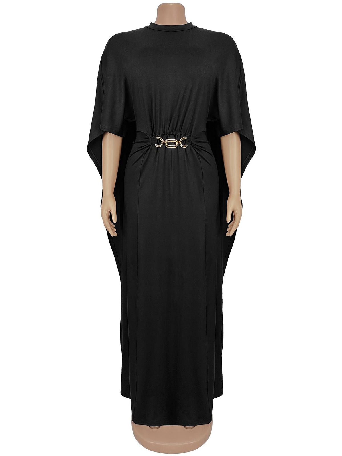 Fashion Belted Gathered Cape-Sleeve Maxi Dress
