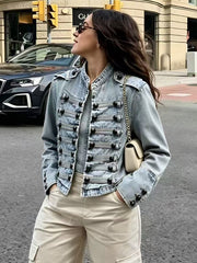 Military Button Trim Cropped Denim Jacket
