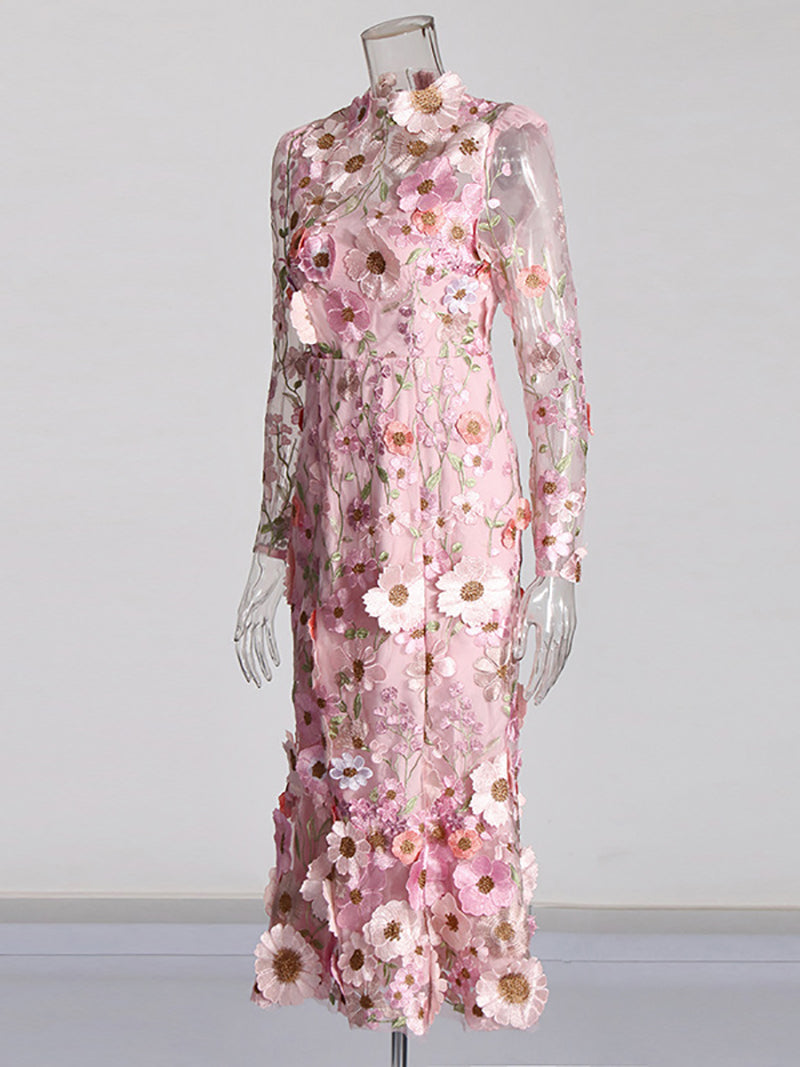 Fashion Mesh Patchwork 3D Flower Embroidered Dress