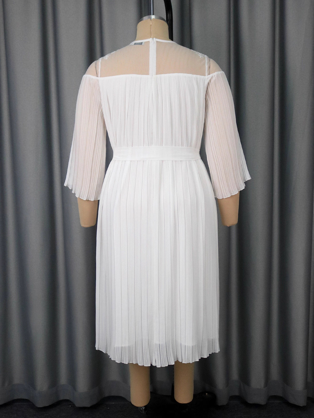 Elegant O Neck Sheer Mesh Ruffle Bandage Midi Dress