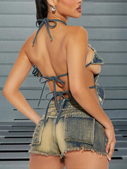 Sexy Backless Denim Tank Halter Top