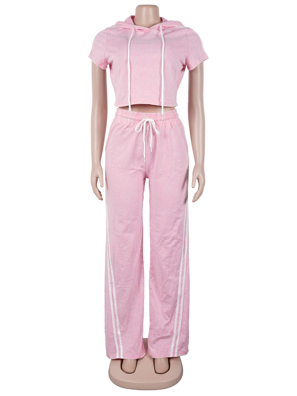 Casual Wash Cropped Hooded T Shirt and Pants Set