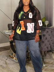 Sexy Letter Print Sheer Mesh Loose T Shirt