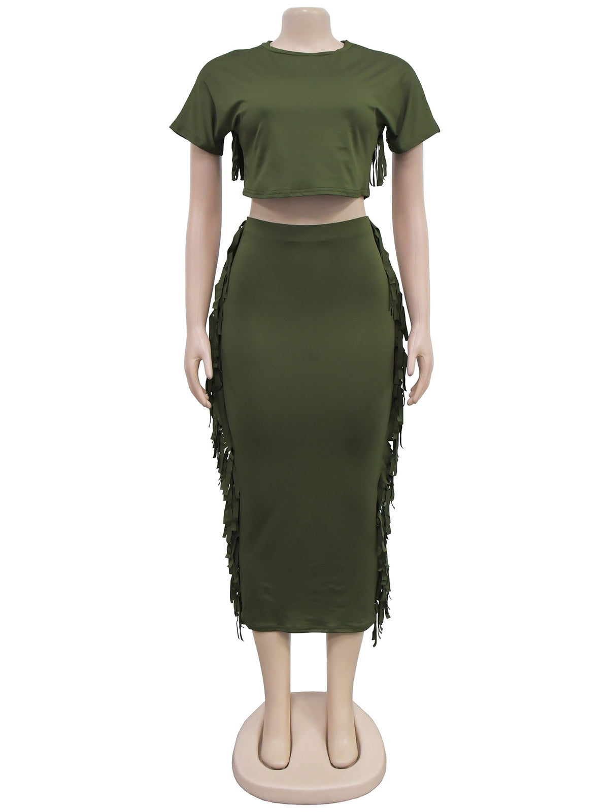 Round Neck Crop Top Tassels Skirts Casual Set