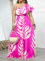 Casual Print Patchwork Oblique Collar Maxi Dress