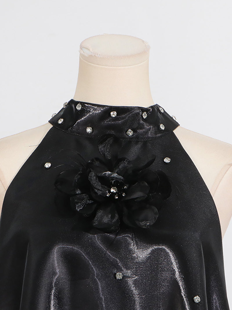Elegant Halter Flowers Embellishment Diamond Mini Dress