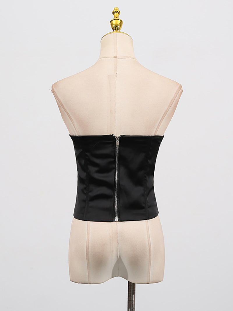 Fashion Pearl Chain Embellished Mesh Patchwork Tube Top