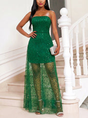 Green Sequin Mesh Strapless Dress-boutique