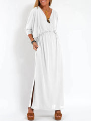 Solid Color V Neck High Waist Loose Dress