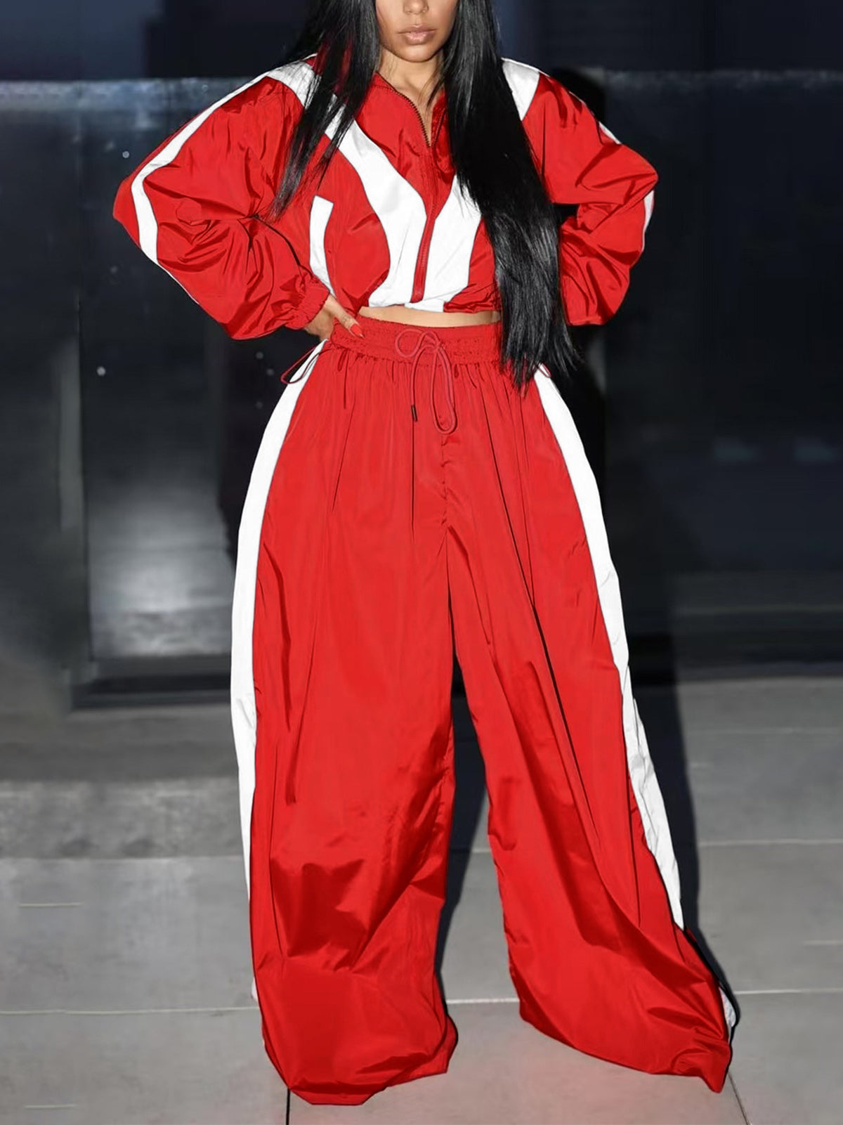 Casual Zipper Sweatshirt Wide Leg Pants Set