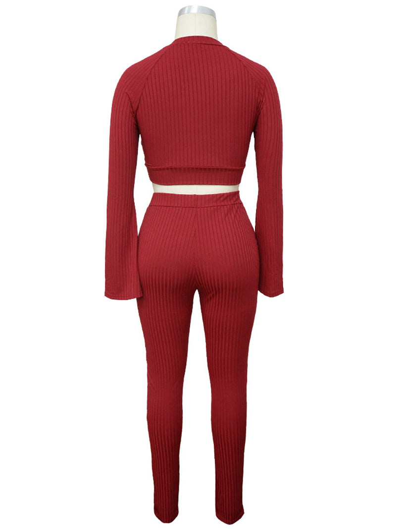 Long Sleeve Crop Top Skinny Pant Ribbed Two piece Set