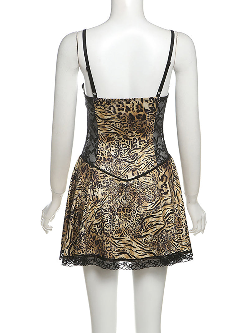 Lace Patchwork Metal Button Leopard Print Mini Dress