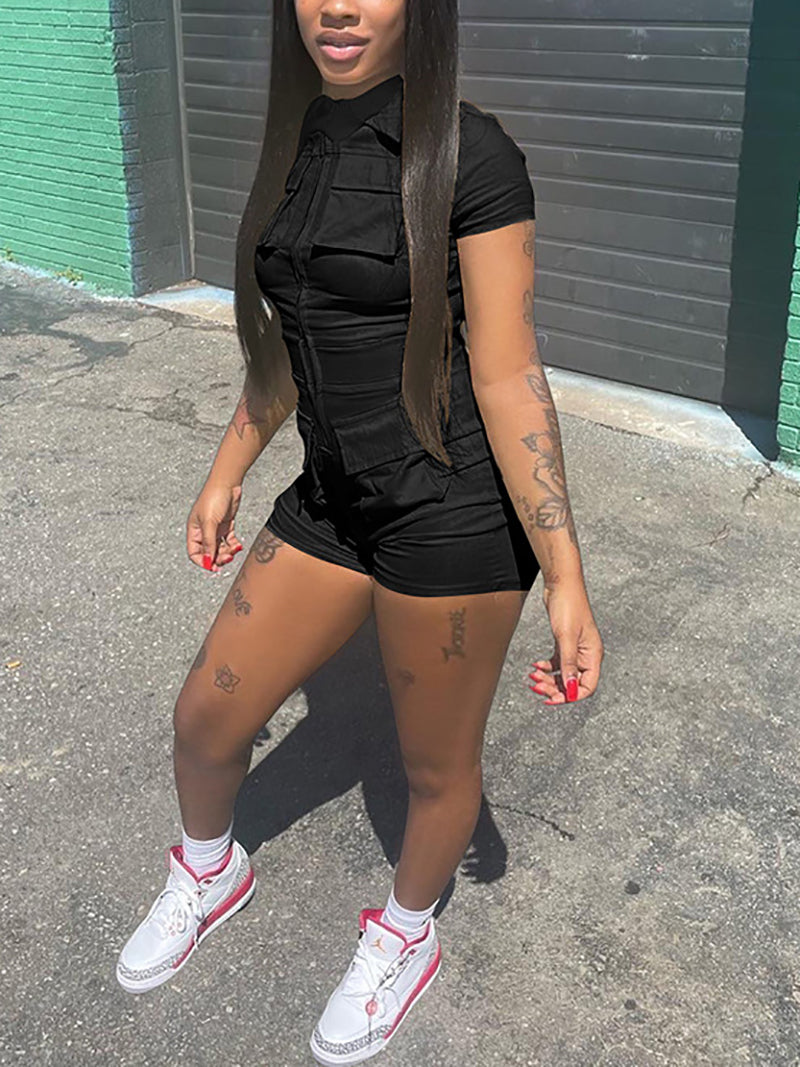 Casual Zipper Multi Pocket  Cargo Romper