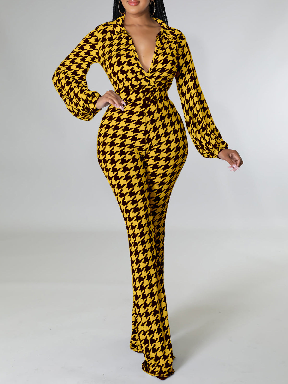 V Neck Houndstooth Print Slim Jumpsuit