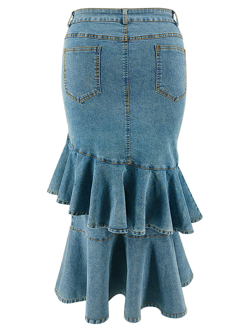 Fashion Ruffle Trim Split Hem Denim Skirt