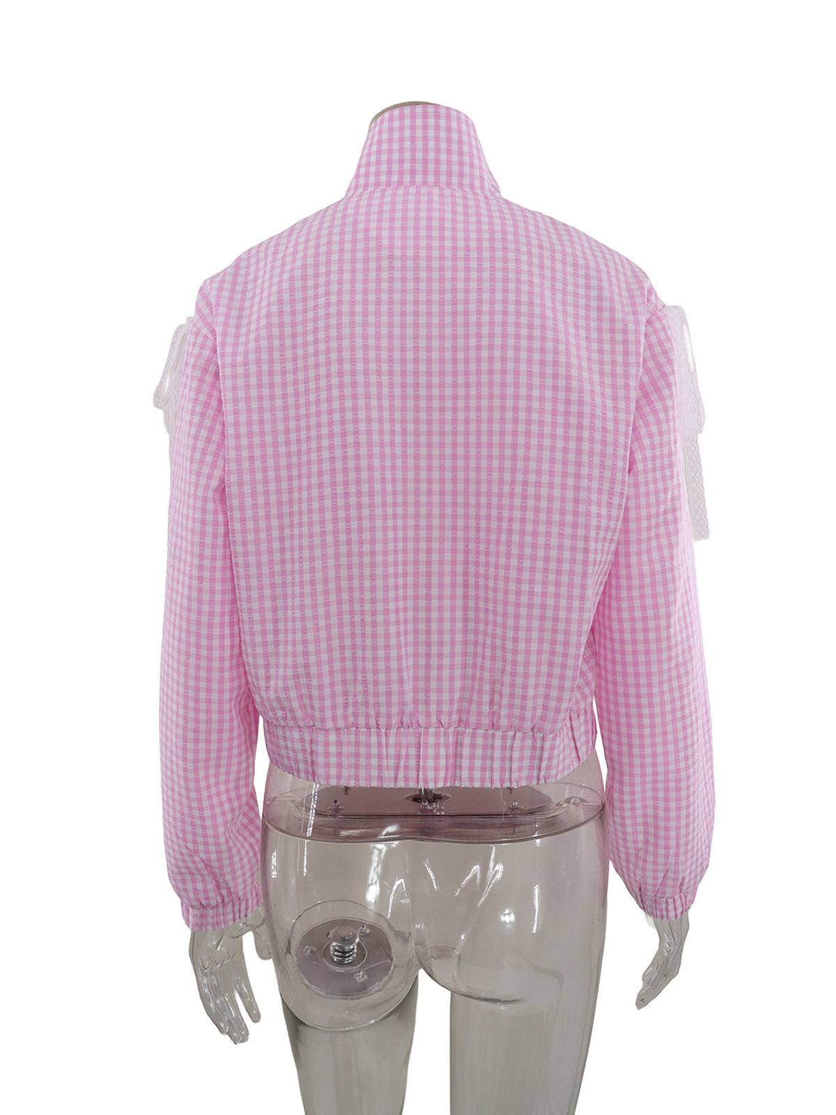 Casual Lace Bow Embellishment Plaid Zip Shirt Top
