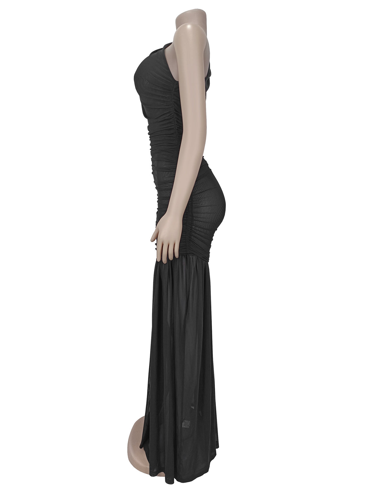 Elegant Mesh See-Through Oblique Collar Maxi Dress