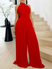 Solid Color O Neck With Belt Pleated Loose Jumpsuits