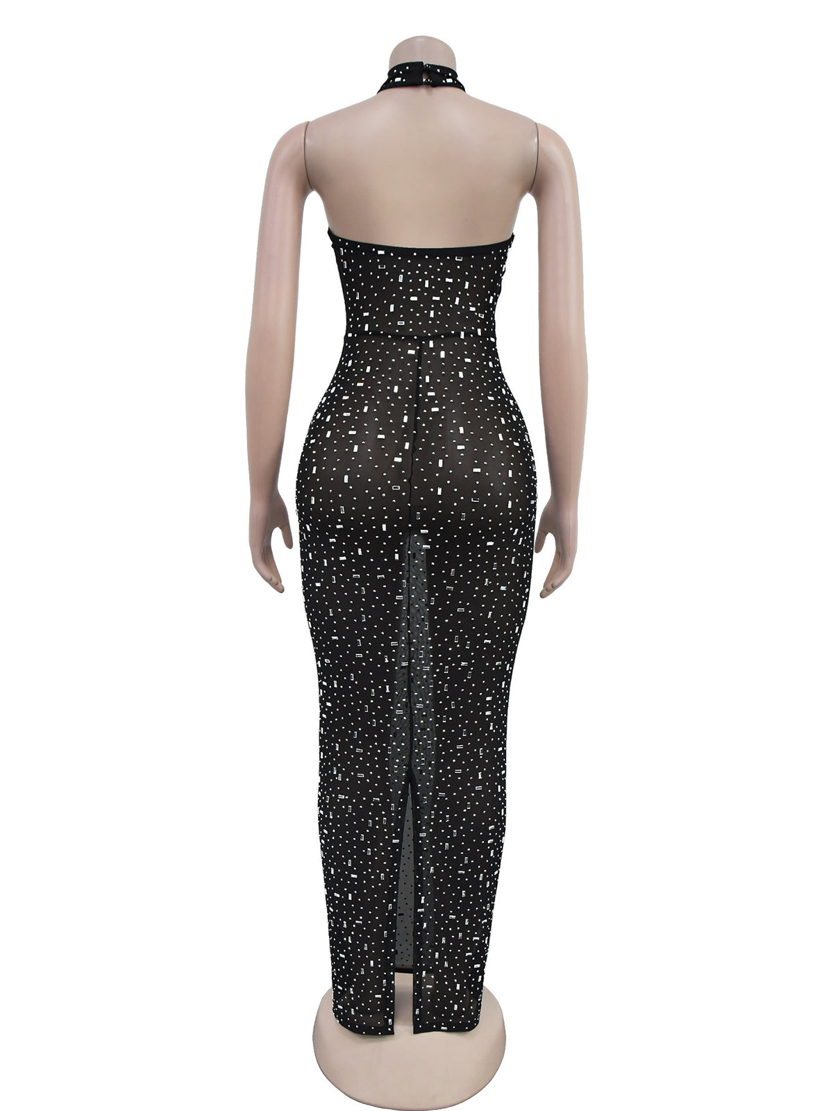 Sheer Rhinestone Halter Party Club Maxi Dress