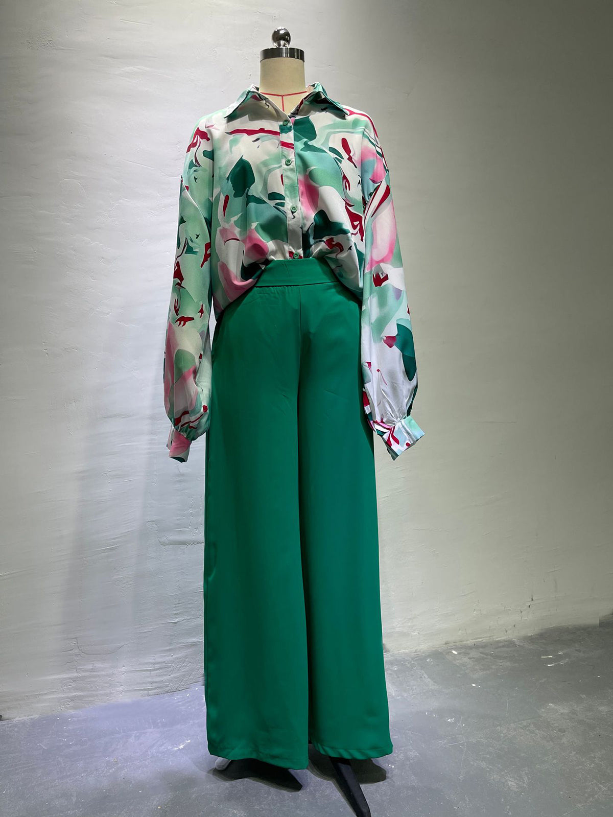 Long Sleeve Print Shirt and Wide Leg Pants Two Piece